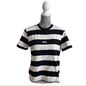 Msgm Logo T-Shirt Black With White Stripes Size Large